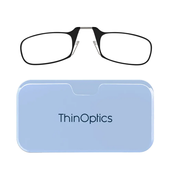 ThinOptics black armless reading glasses with soft blue Universal Pod case