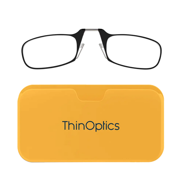 ThinOptics black armless reading glasses with yellow Universal Pod case