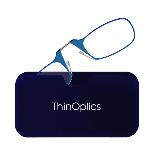 ThinOptics blue armless reading glasses with navy blue Universal Pod case
