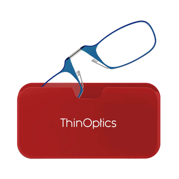 ThinOptics blue armless reading glasses with red Universal Pod case
