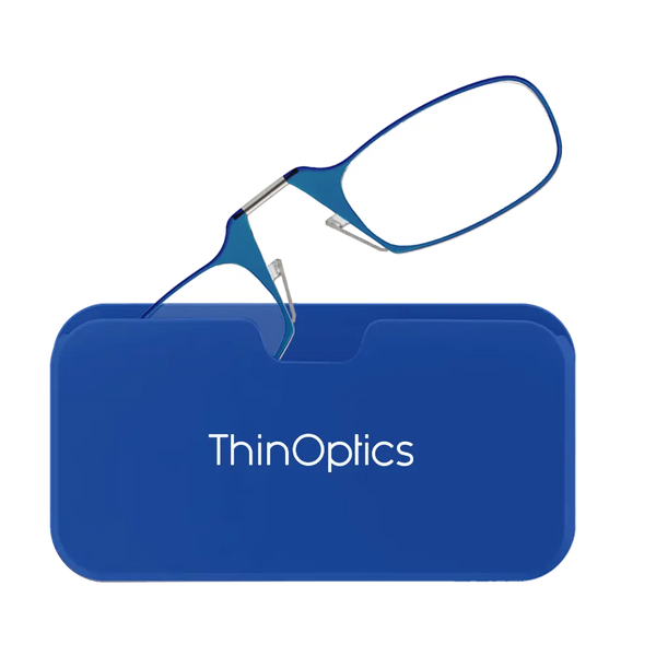 ThinOptics blue armless reading glasses peeking out of royal blue Universal Pod case