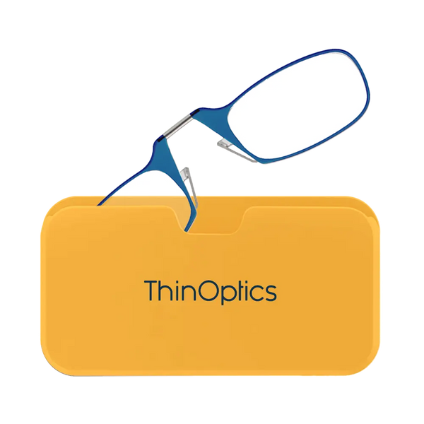 ThinOptics blue armless reading glasses with yellow Universal Pod case
