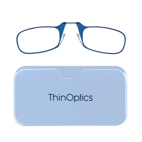 ThinOptics blue armless reading glasses with soft blue Universal Pod case
