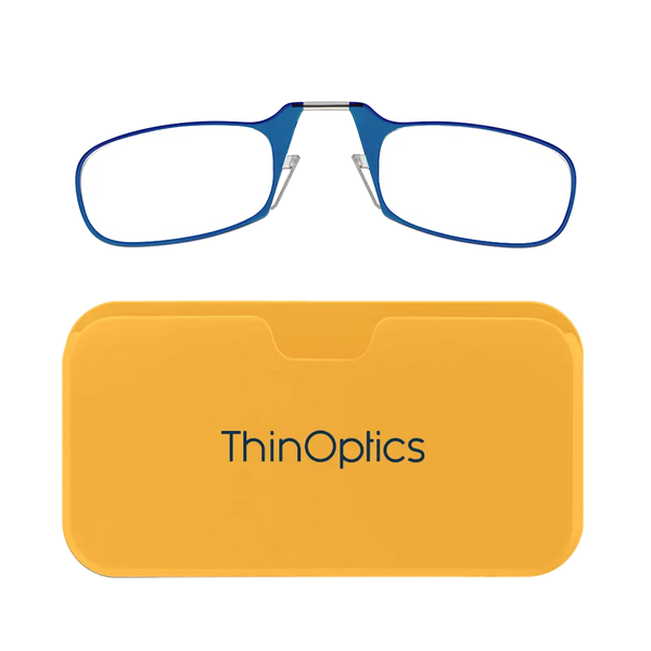 ThinOptics blue armless reading glasses with yellow Universal Pod case