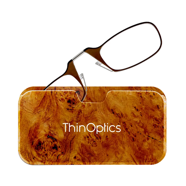 ThinOptics brown armless reading glasses with burlwood Universal Pod case