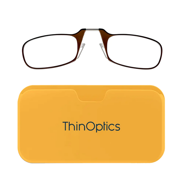 ThinOptics brown armless reading glasses with yellow Universal Pod case