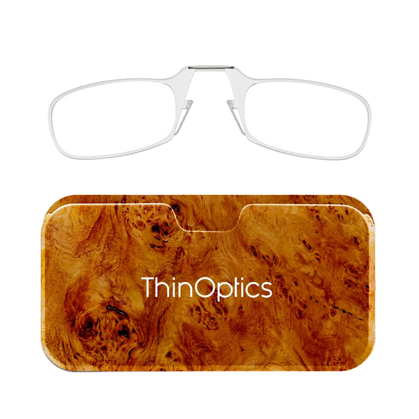 ThinOptics clear armless reading glasses with burlwood Universal Pod case