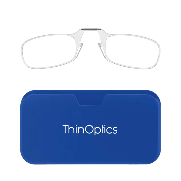 ThinOptics clear armless reading glasses with royal blue Universal Pod case