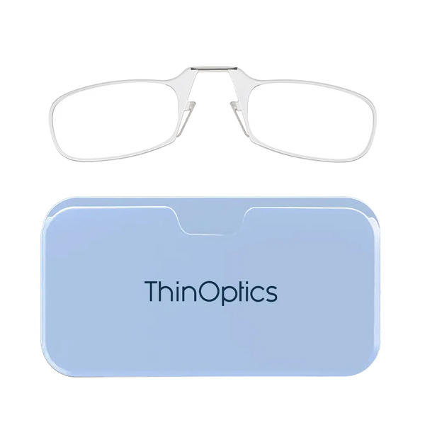 ThinOptics clear armless reading glasses with soft blue Universal Pod case