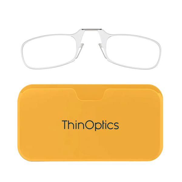 ThinOptics clear armless reading glasses with yellow Universal Pod case