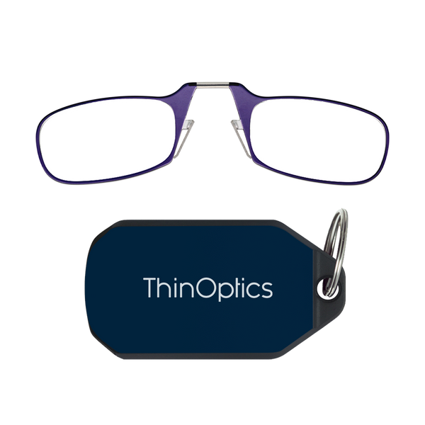 ThinOptics purple armless reading glasses above a navy blue keychain case