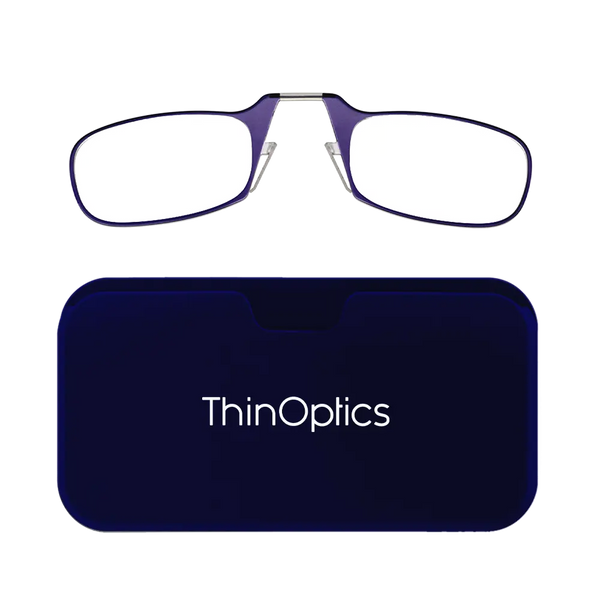 ThinOptics purple armless reading glasses with navy blue Universal Pod case