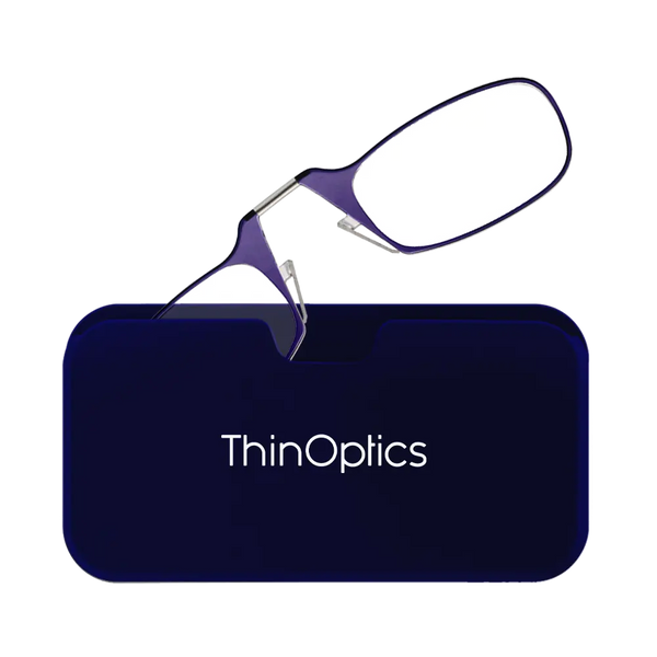 ThinOptics purple armless reading glasses with navy blue Universal Pod case