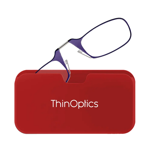 ThinOptics purple armless reading glasses with red Universal Pod case