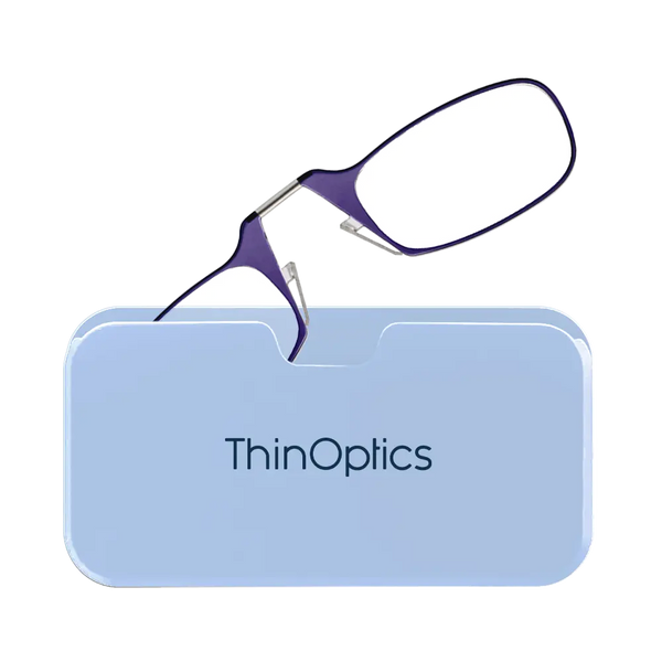 ThinOptics purple armless reading glasses with soft blue Universal Pod case