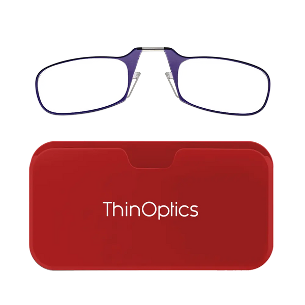 ThinOptics purple armless reading glasses with red Universal Pod case