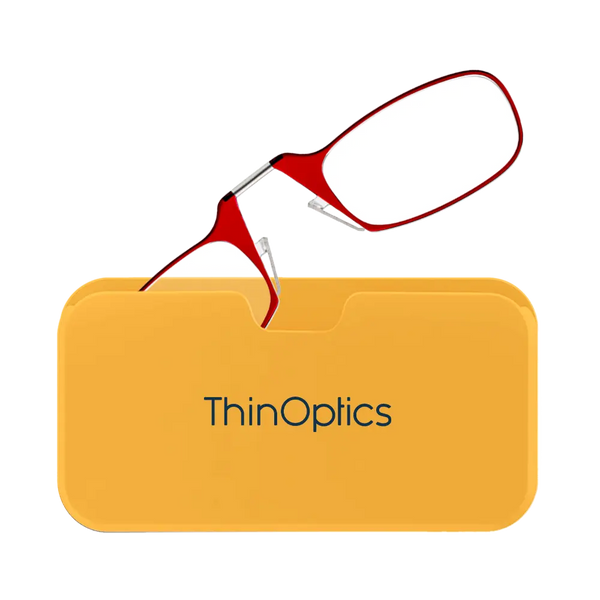 ThinOptics red armless reading glasses with yellow Universal Pod case