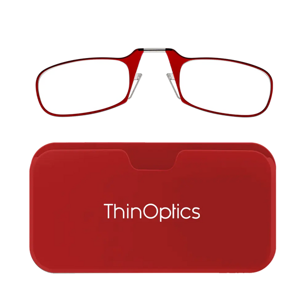 ThinOptics red armless reading glasses with red Universal Pod case