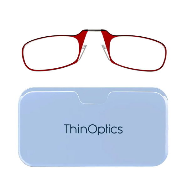 ThinOptics red armless reading glasses with soft blue Universal Pod case