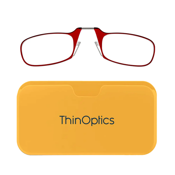 ThinOptics red armless reading glasses with yellow Universal Pod case