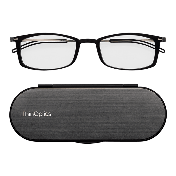 Black ThinOptics reading glasses with a matching brushed metal slim case.