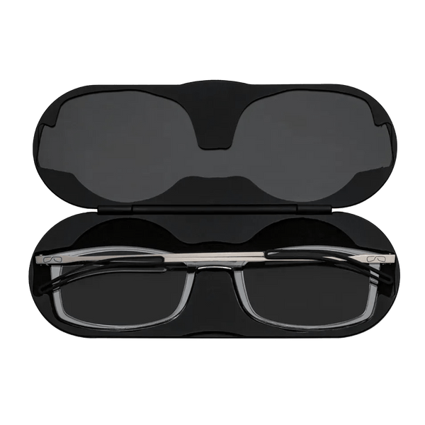 Open black eyeglasses case displaying silver-rimmed glasses with dark lenses.