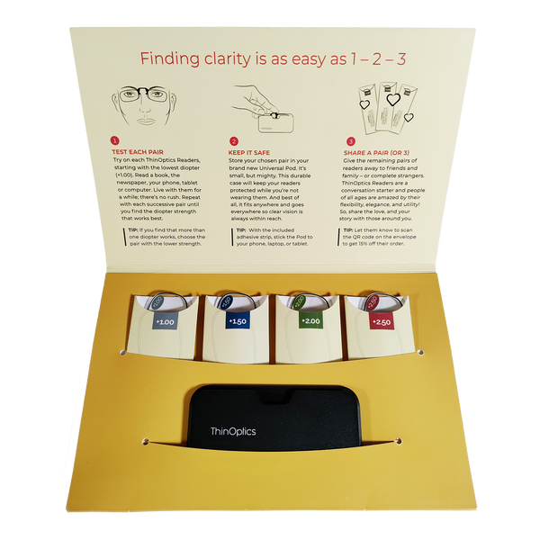 The image shows the ThinOptics Clarity Kit, which includes four pairs of reading glasses with different strengths and a Universal Pod case. The glasses are displayed in a vertical arrangement, with each pair labeled with its respective strength: +2.50 (red label), +2.00 (green label), +1.50 (blue label), and +1.00 (green label). The Universal Pod case is shown at the bottom of the image, with one pair of glasses partially inserted into it. The ThinOptics logo is visible on the case.