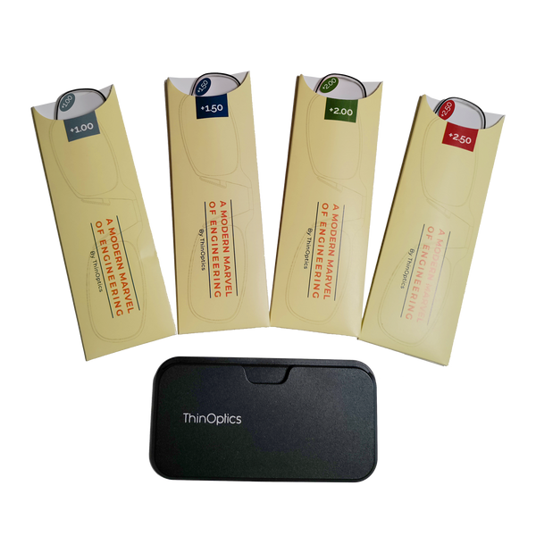 The image shows the ThinOptics Clarity Kit, which includes four pairs of reading glasses with different strengths and a Universal Pod case. The glasses are displayed in a vertical arrangement, with each pair labeled with its respective strength: +2.50 (red label), +2.00 (green label), +1.50 (blue label), and +1.00 (green label). The Universal Pod case is shown at the bottom of the image, with one pair of glasses partially inserted into it. The ThinOptics logo is visible on the case.