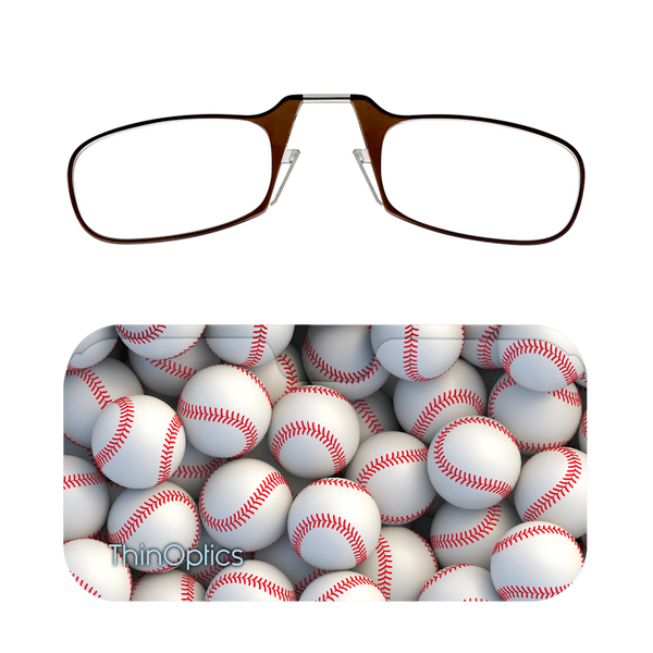 Brown ThinOptics Readers + Bucket of Balls Universal Pod Case with Readers above case