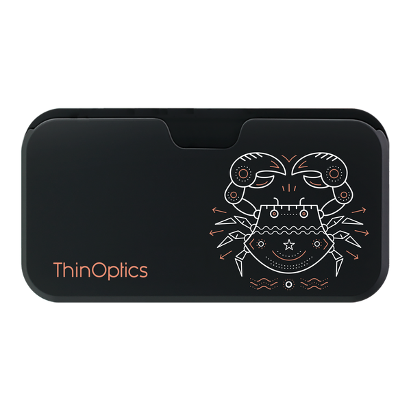 Black ThinOptics case featuring a stylized, white line drawing of a crab on the bottom right corner.