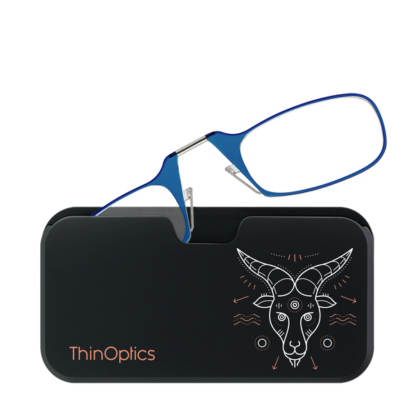 Blue ThinOptics reading glasses rest on a black case featuring a white stylized ram design.