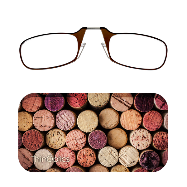 Brown ThinOptics Readers + Pop the Cork Universal Pod Case with Readers above case