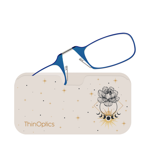Blue ThinOptics reading glasses rest folded atop their stylish carrying case.