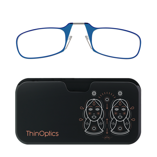 Blue ThinOptics reading glasses folded on top of their sleek black carrying case.