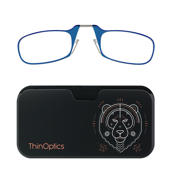 ThinOptics blue reading glasses rest atop a sleek black case featuring a minimalist tiger design.