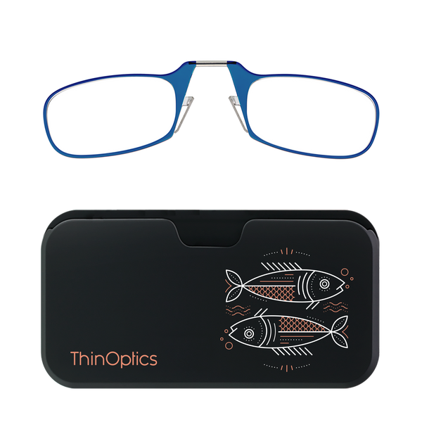 Blue ThinOptics reading glasses rest unfolded on their sleek black case featuring a minimalist copper fish design.