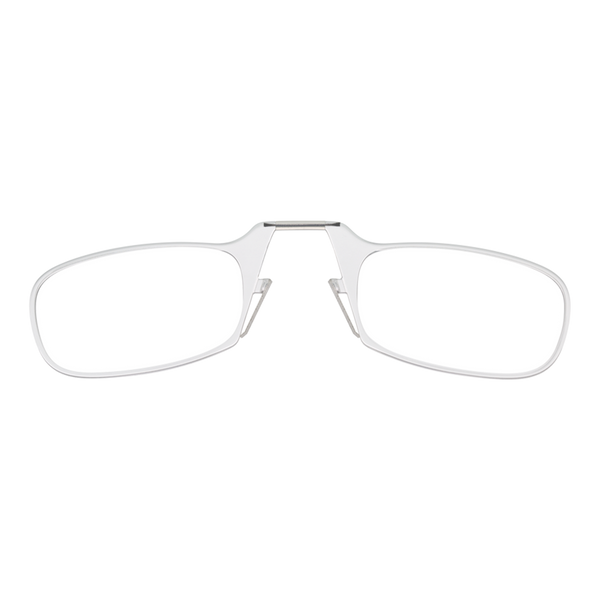 Pair of white reading glasses with a silver clip-on mechanism for easy attachment.