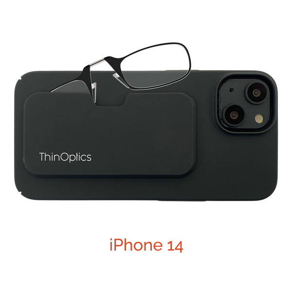 ThinOptics reading glasses rest on a black iPhone 14 phone case.