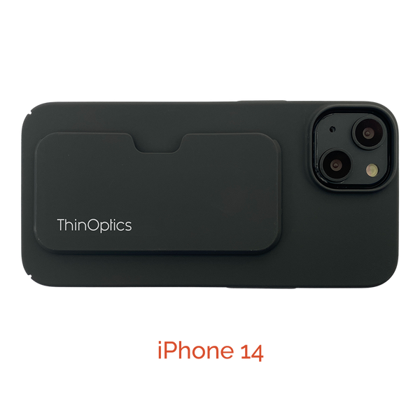 ThinOptics reading glasses case attached to a black iPhone 14.