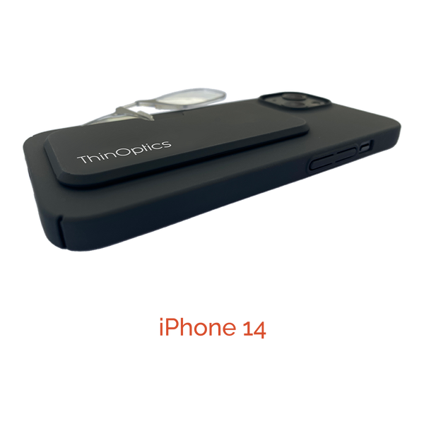 A black ThinOptics iPhone 14 case displays the built-in compact reading glasses holder on the back.