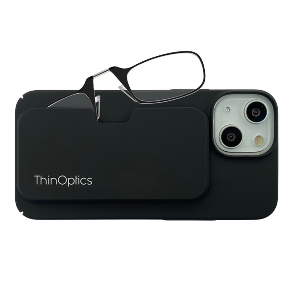 ThinOptics reading glasses rest folded on their slim black case attached to a smartphone.