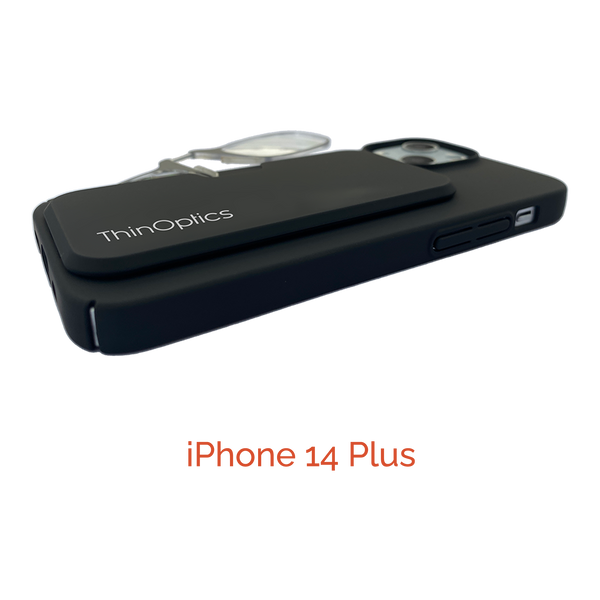 A black ThinOptics case protects an iPhone 14 Plus, showcasing its slim profile with attached reading glasses.