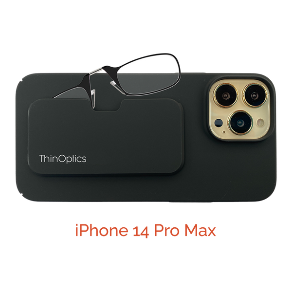 ThinOptics readers rest on a black phone case attached to a gold iPhone 14 Pro Max.