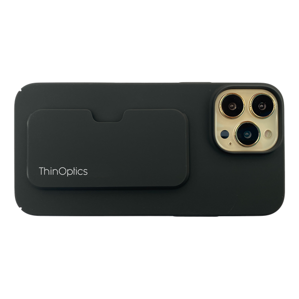 A sleek black ThinOptics phone case features a built-in card holder and precise cutouts for the camera lens.
