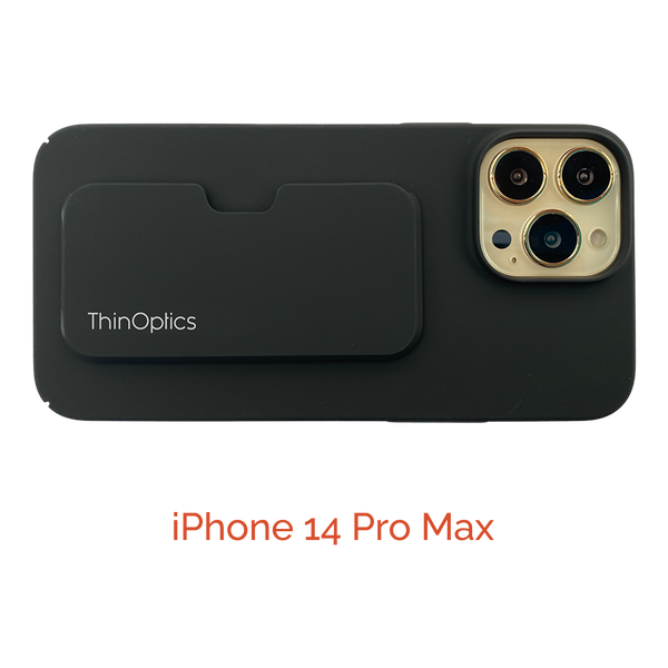 Black phone case with integrated card holder designed for iPhone 14 Pro Max.