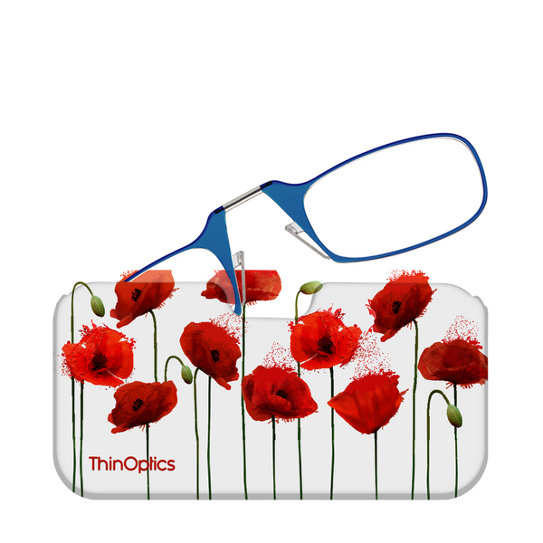 Blue ThinOptics reading glasses rest on a white case adorned with vibrant red poppies.