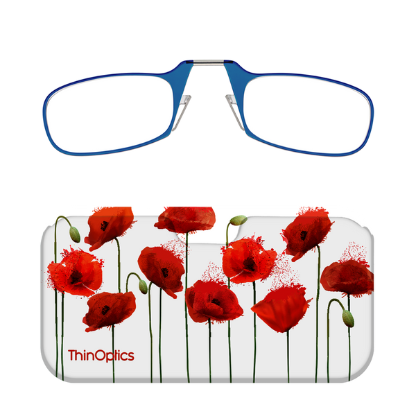 Blue ThinOptics reading glasses rest atop a white case decorated with a vibrant pattern of red poppies.