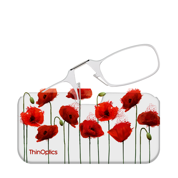 ThinOptics reading glasses with a red poppy floral pattern on a white case.