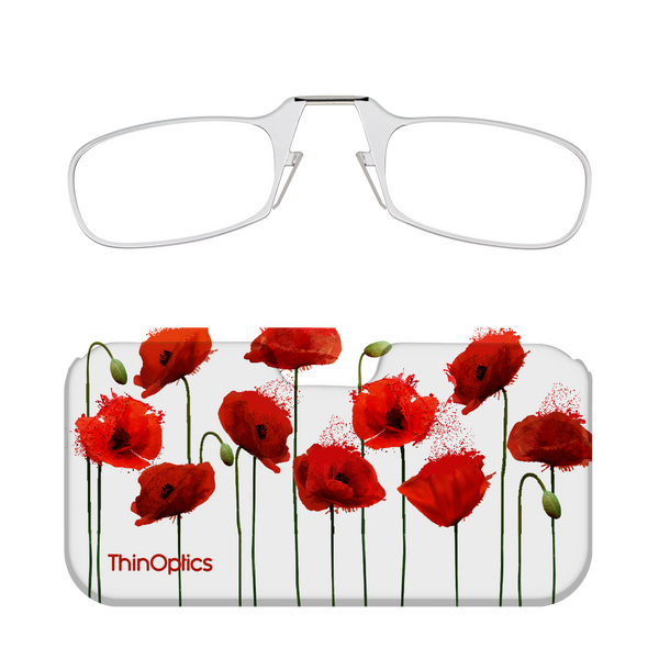 Silver ThinOptics reading glasses folded atop a white case featuring a vibrant red poppy floral print.