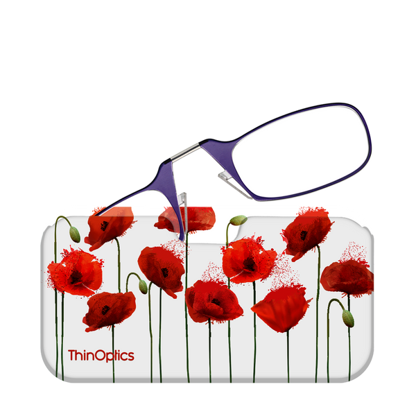 Purple ThinOptics reading glasses rest on a white case featuring a vibrant red poppy floral design.